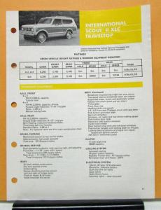 1975 International Harvester Scout Model II XLC Traveltop Specification Sheet