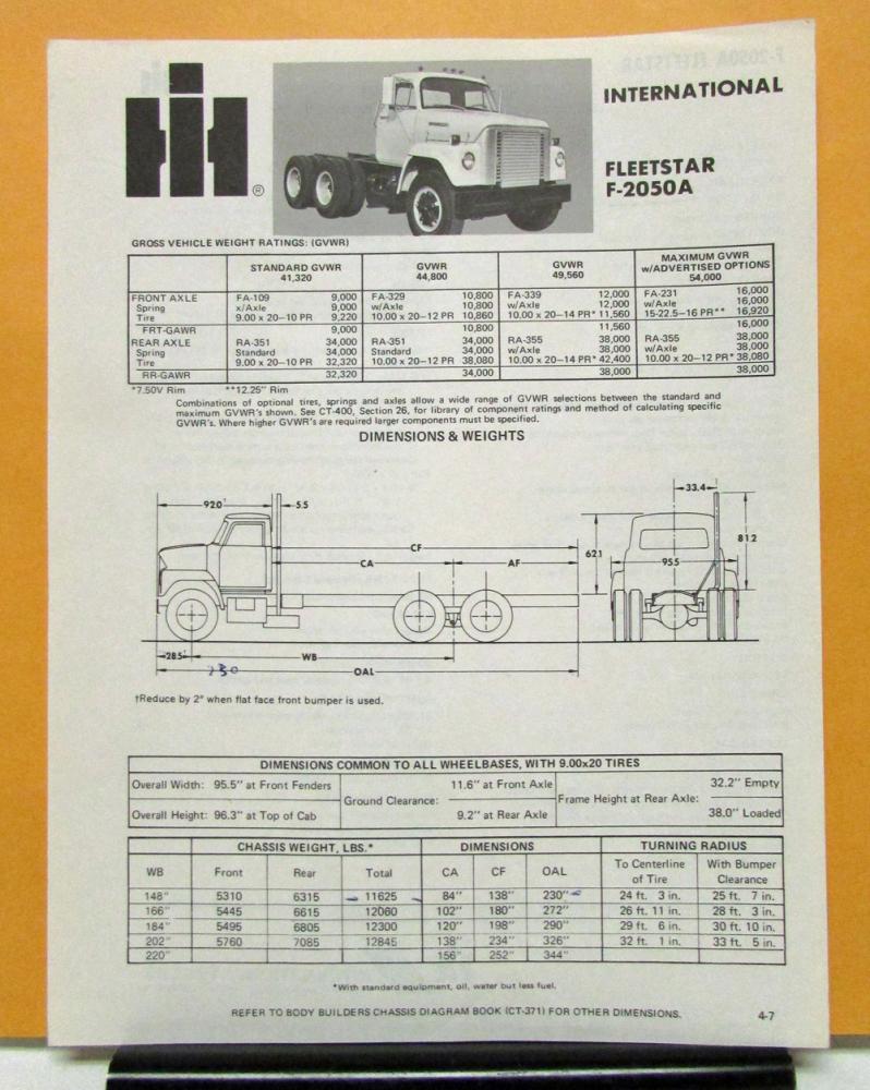 1976 International Harvester Fleetstar Truck Model F 2050A Specification Sheet