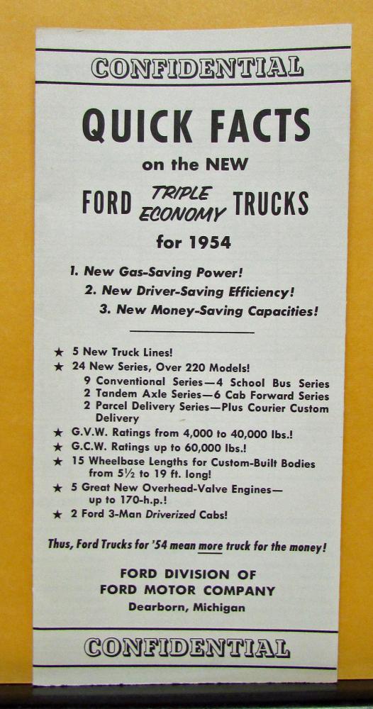 1954 Ford Series F T C B P Quick Facts Sales Folder