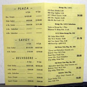 1955 Plymouth Northeastern Dealers Association Price List Plaza Savoy Belvedere