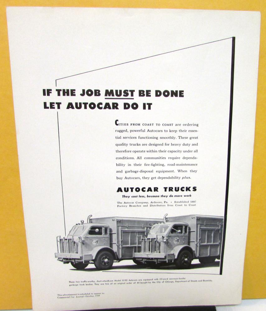 1949 1950 Autocar Ad Proof Commercial Car Journal Fire Road Maint Garbage Trucks