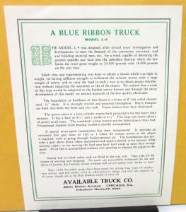 1925 Available Trucks L4 4 Ton Dealer Sales Brochure Folder W/Envelope