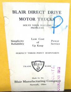 1912 Blair Direct Drive Truck Pocket Sales Brochure Newark Ohio