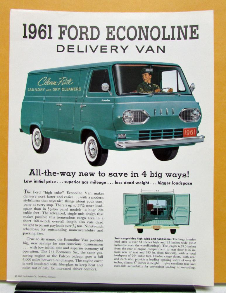 1961 Ford Econoline Delivery Van Truck Sales Sheet & Specifications Original