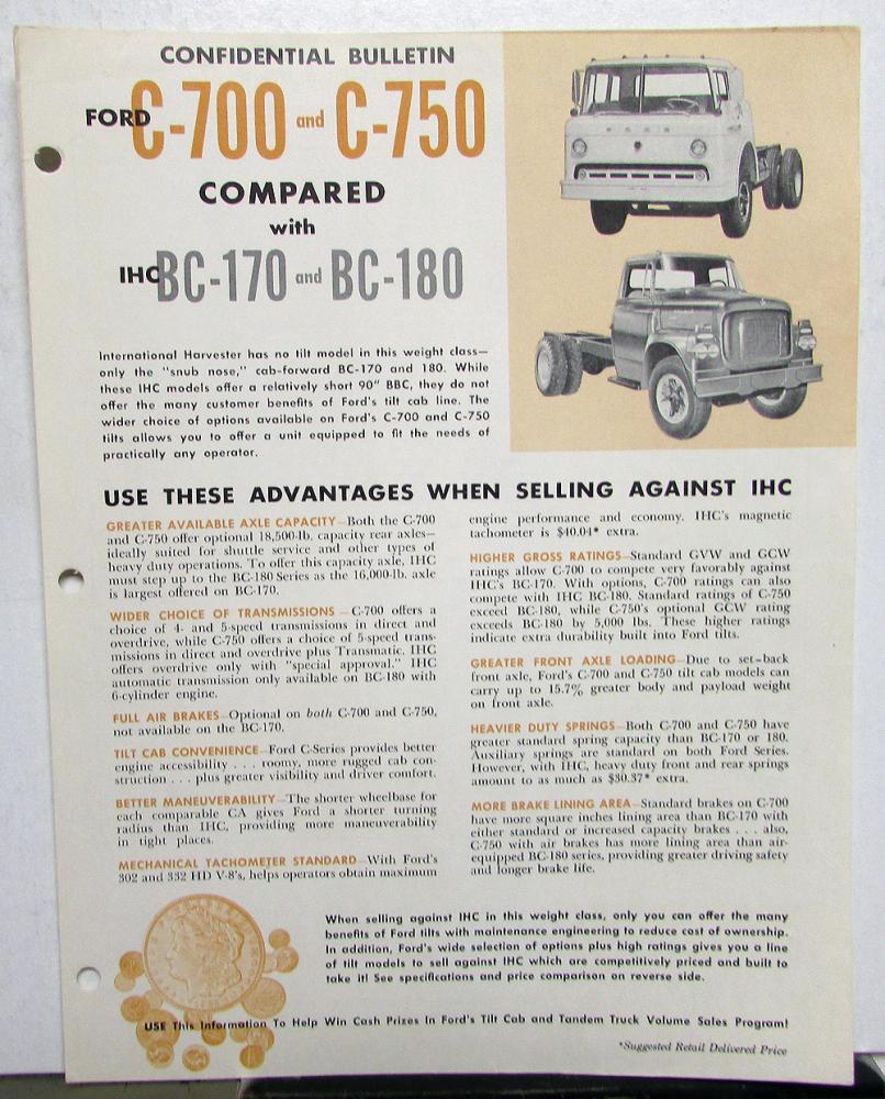 1961 Ford C 700 750 Truck Model Comparison to IHC BC 170 180 Sales Sheet Orig