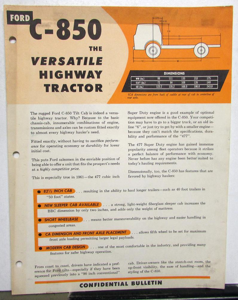 1961 Ford Truck C 850 Versatile Highway Tractor Sales Brochure Original