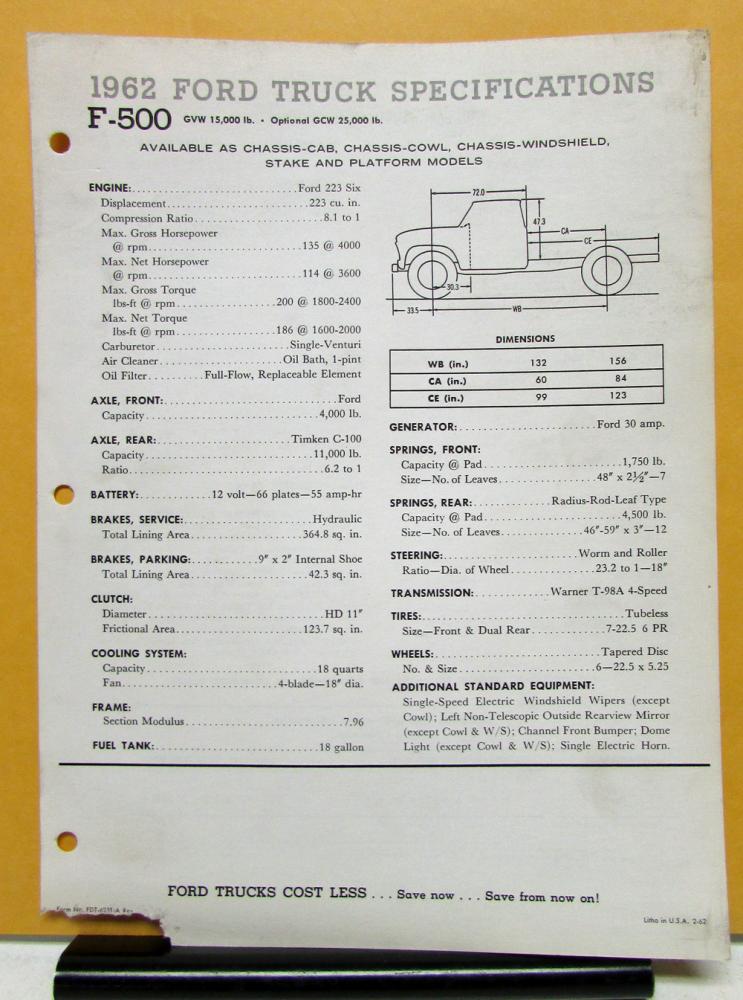 1962 Ford Truck Model F 500 Specification & Production Option Sheet REVISED Orig