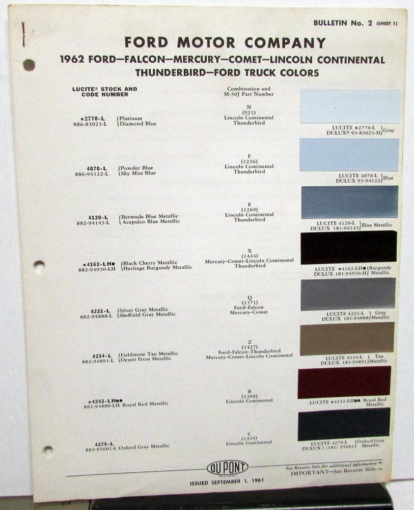 1962 Ford Mercury Lincoln Continental TBird Truck DuPont Paint Chips Bul No 2