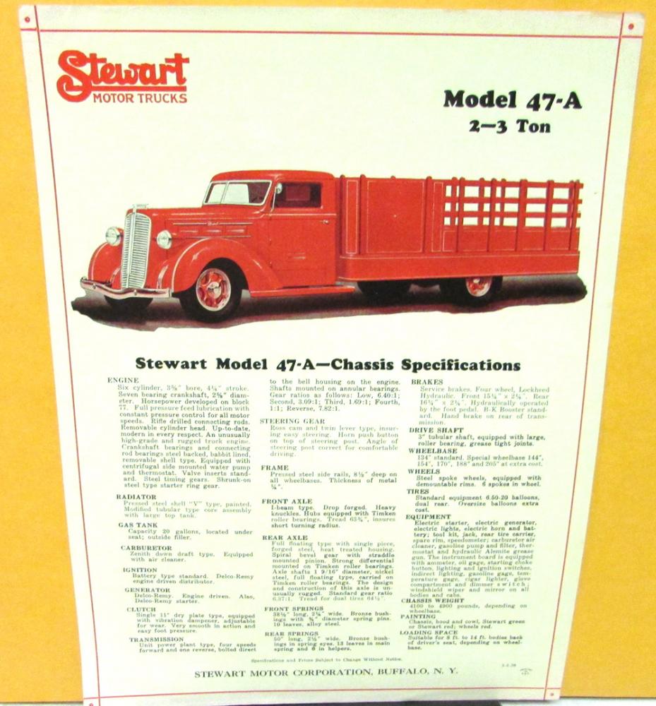1938 Stewart Trucks Dealer Sales Data Sheet Model 47A Red Stake Original