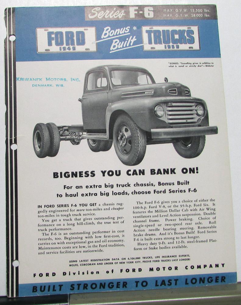 1949 Ford Series F6 Heavy Duty Series Truck Sales Brochure Original