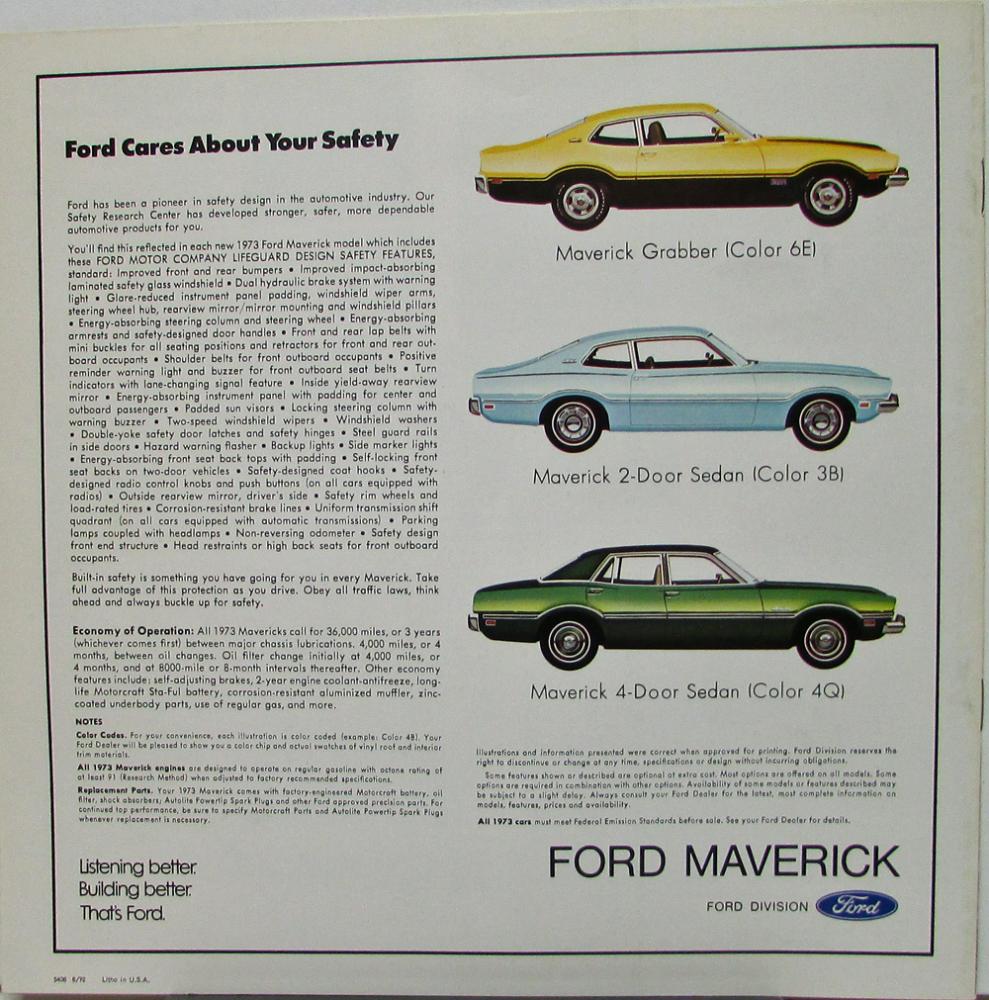 1973 Ford Maverick Grabber & Sedan Color Sales Brochure Original Over Sized