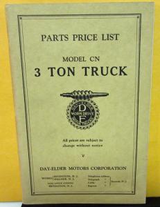 1921 Day-Elder Trucks Parts Book Price List Model CN 3 Ton Truck Original