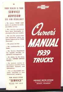 1939 Chevrolet Trucks Owners Manual Operation & Care New Reproduction Pickup