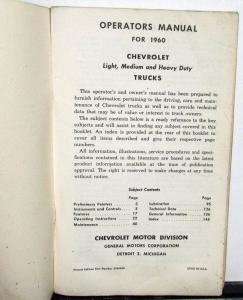 1960 Chevrolet Truck Owners Manual Light Medium HD Original Care & Op Pickup