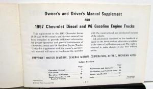 1967 Chevrolet Truck Owners Manual Series 20-80 Diesel V6 Gas Original Care & Op