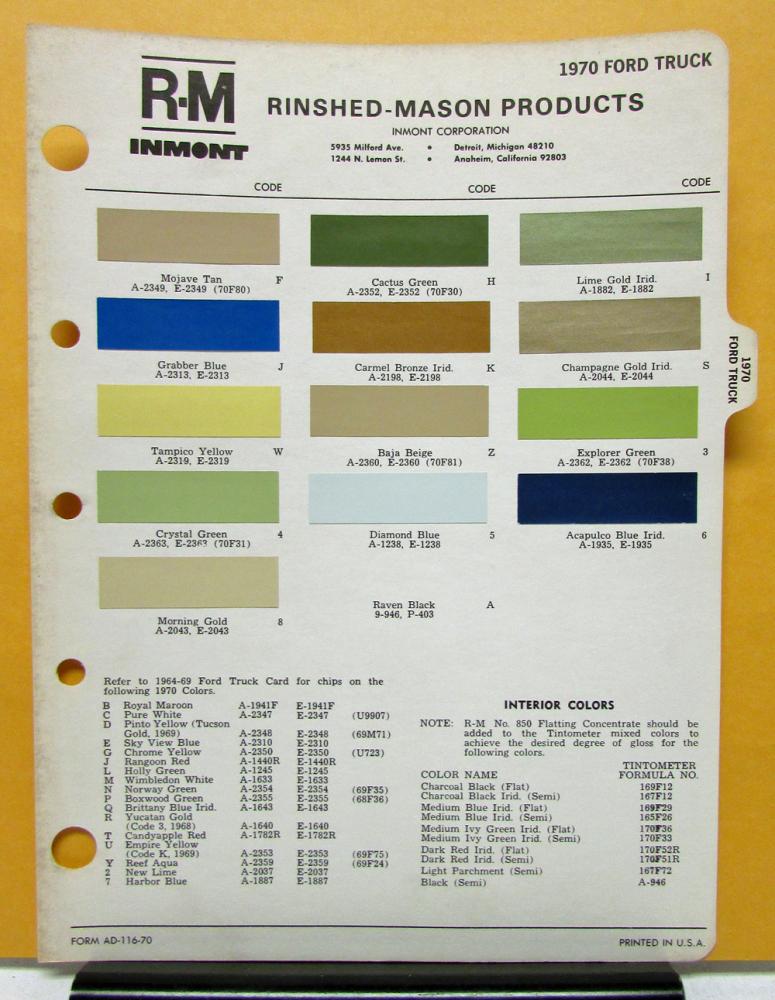 1970 Ford Truck Paint Chips Rinshed Mason Interior Color Codes Tabbed Page Orig