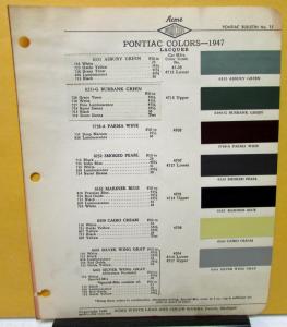 1947 Pontiac Paint Chip Colors Leaflet Acme Lacquer Original W/Formula
