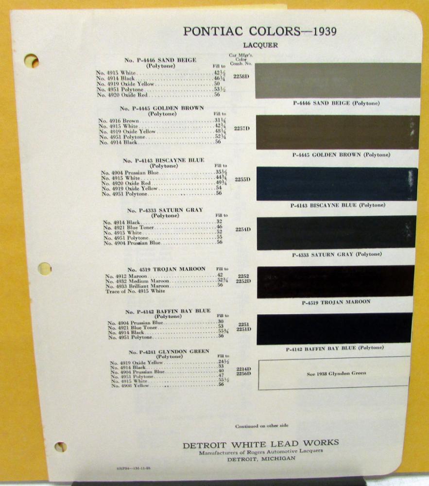 1939 Pontiac Color Paint Chips Leaflets W/Formula