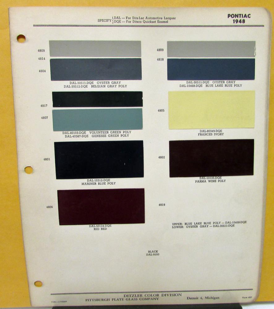 1948 Pontiac Color Paint Chips Leaflet Ditzler Lacquer Enamel
