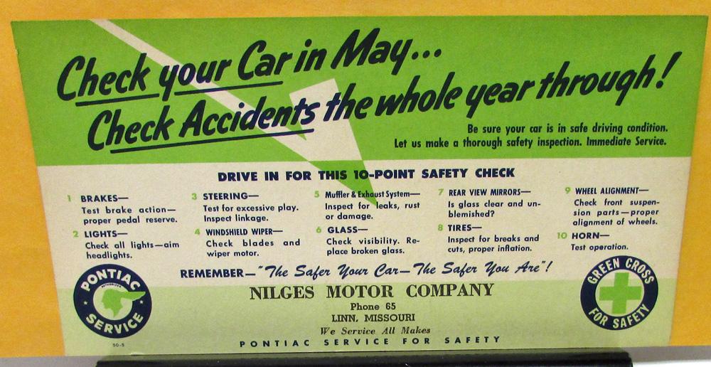 1950 Pontiac Dealer Postcard Mailer Service Check Nilges Motor Co Linn Mo Orig