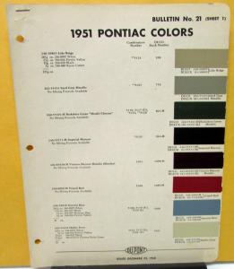 1951 Pontiac Color Paint Chips Leaflets Du Pont W/Formula