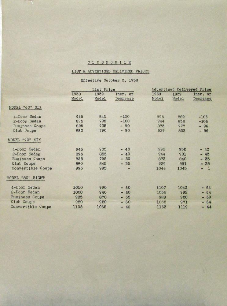 1938 1939 Oldsmobile 60 Six 70 Six 80 Eight List & Delivered Price List Dealer