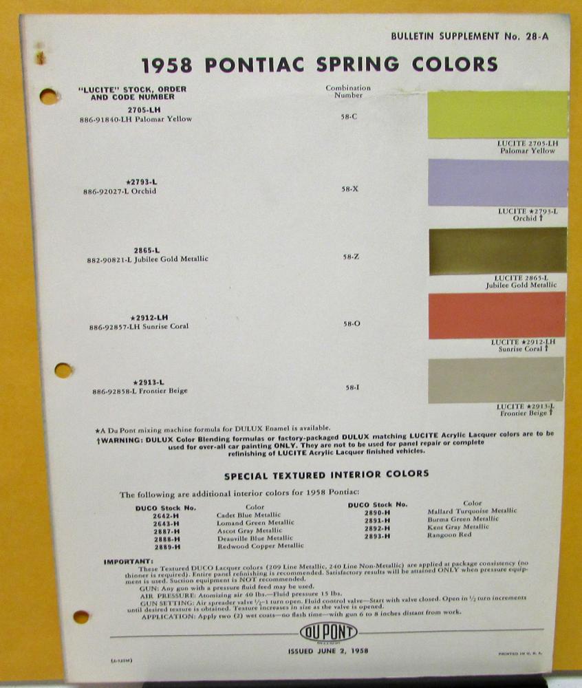 1958 Pontiac Spring Colors Paint Chips Leaflet Du Pont W/Interior Bulletin #28-A