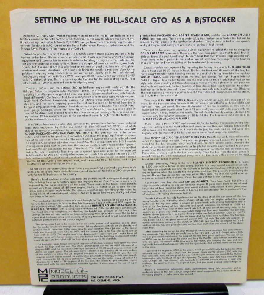 1966 Pontiac GTO B/Stocker Data Sheet Info Leaflet From MPC Models Original