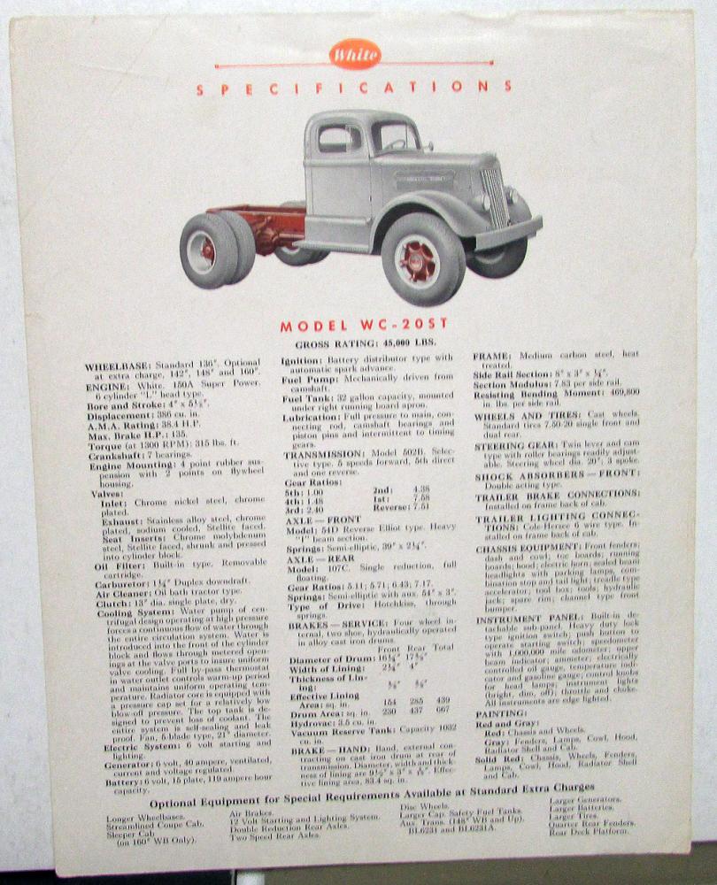 1949 White Truck Model WC 20ST Sales Brochure & Specifications