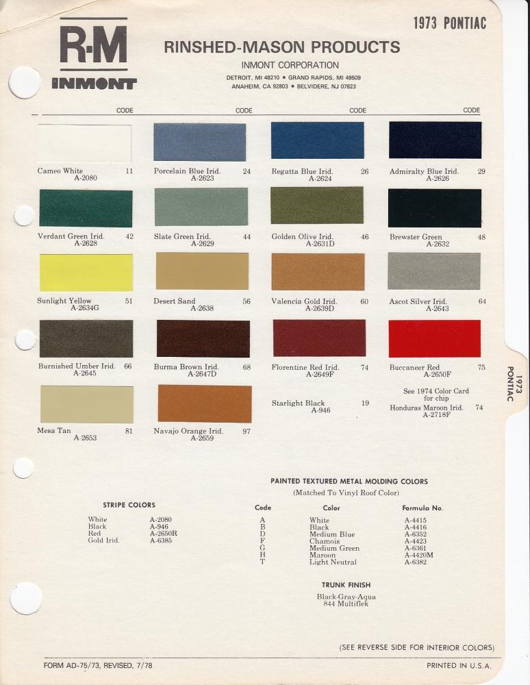 1973 Pontiac Color Paint Chips Leaflet R-M Full Line Original