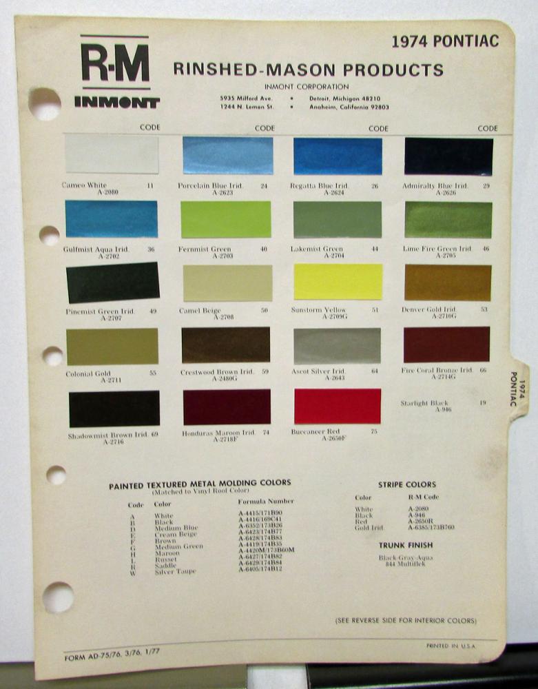 1974 Pontiac Color Paint Chips Leaflet R-M Full Line Original