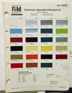1977 Pontiac Color Paint Chips Leaflet R-M Full Line Firebird Grand Prix LeMans