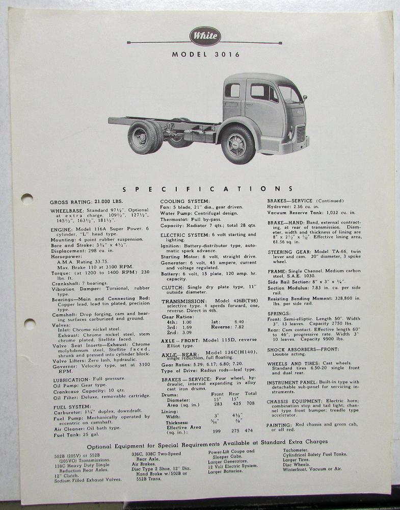 1958 White Truck Model 3016 Sales Brochure & Specifications