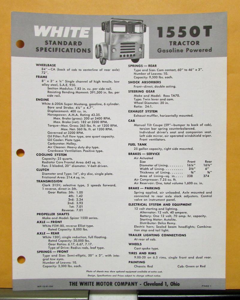 1962 White Truck Model 1550T Tractor Gasoline Sales Brochure & Specifications