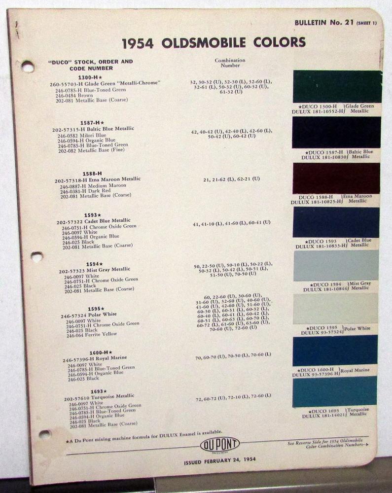 1954 Oldsmobile Color Paint Chips Original Leaflets DuPont