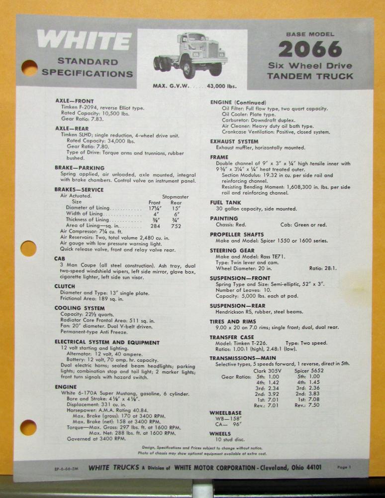 1966 White Truck Model 2066 Sales Brochure and Specifications