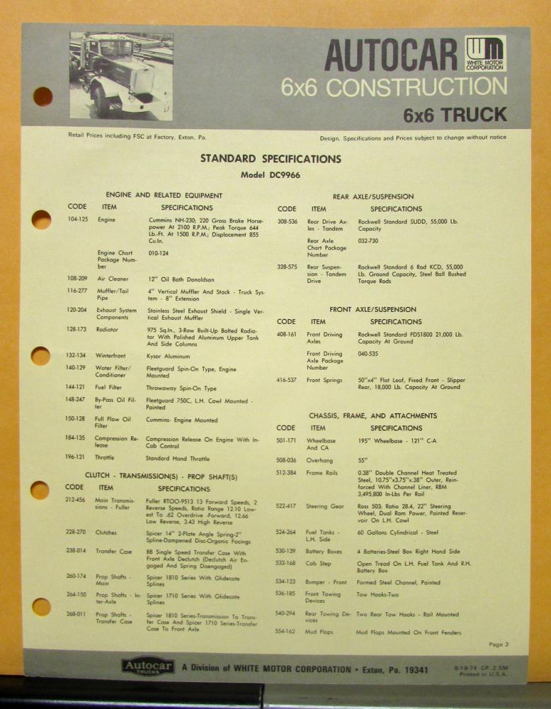1975 Autocar Truck Model DC9966 Specification Sheet