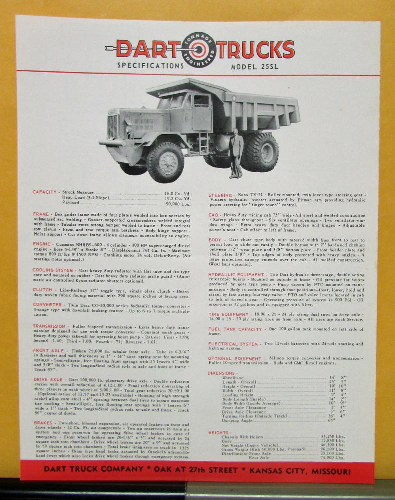 1960 Dart Truck Model 25SL Specification Sheet