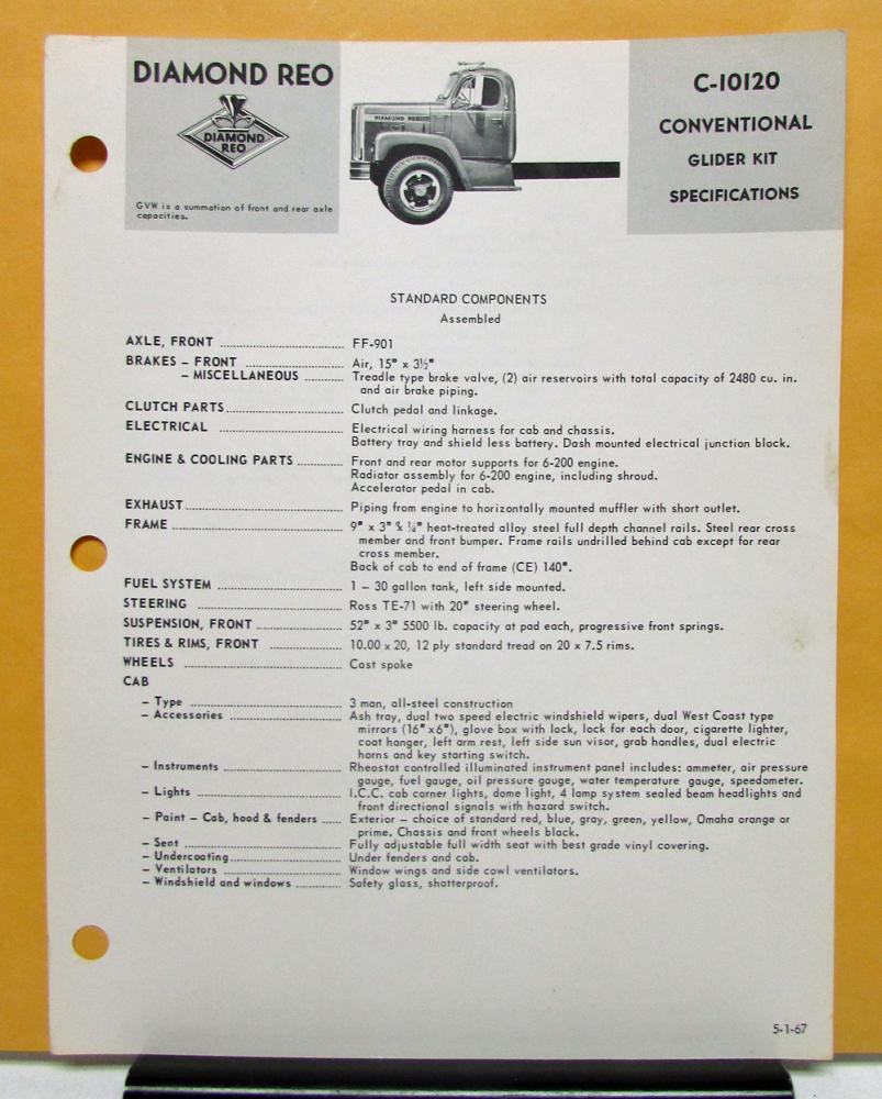 1967 Diamond REO Truck Model C-10120 Conventional Glider Kit Specifications