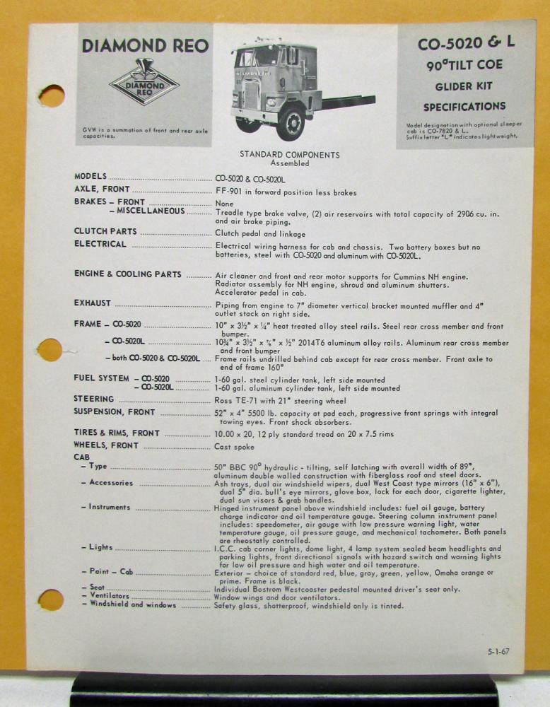 1967 Diamond REO Truck Model CO 5020 & L Tilt COE Glider Kit Specifications