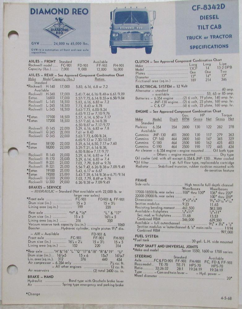 1968 Diamond REO Truck Model CF-8342D Tilt Cab Specifications Brochure
