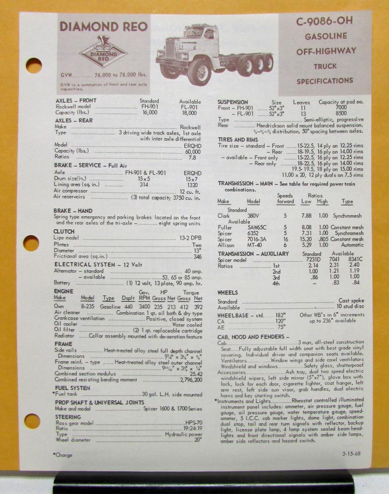 1968 Diamond REO Truck Model C 9086 OH Specifications Brochure