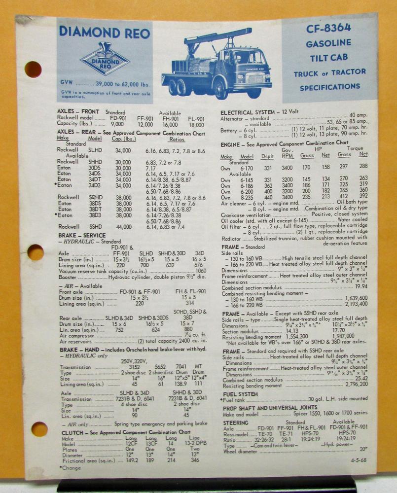1968 Diamond REO Truck Model CF-8364 Tilt Cab Specifications Brochure