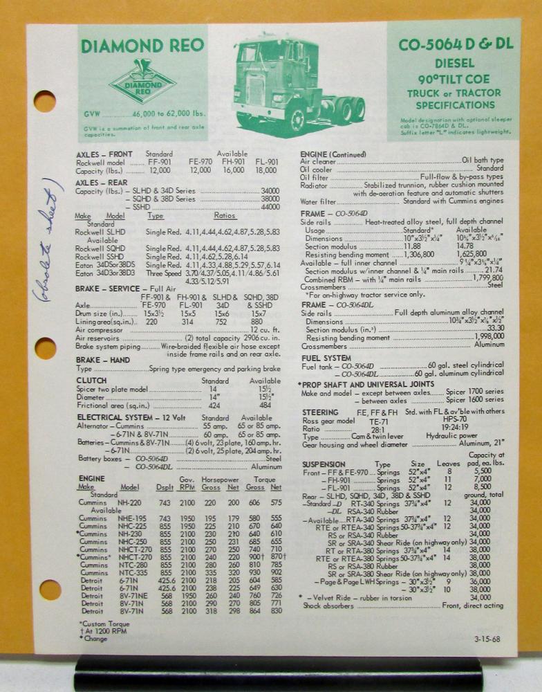 1968 Diamond REO Truck Model CO-5064D & DL Tilt COE Specifications Brochure