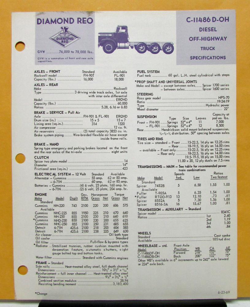 1969 Diamond REO Truck Model C-11486D-OH Specifications Brochure