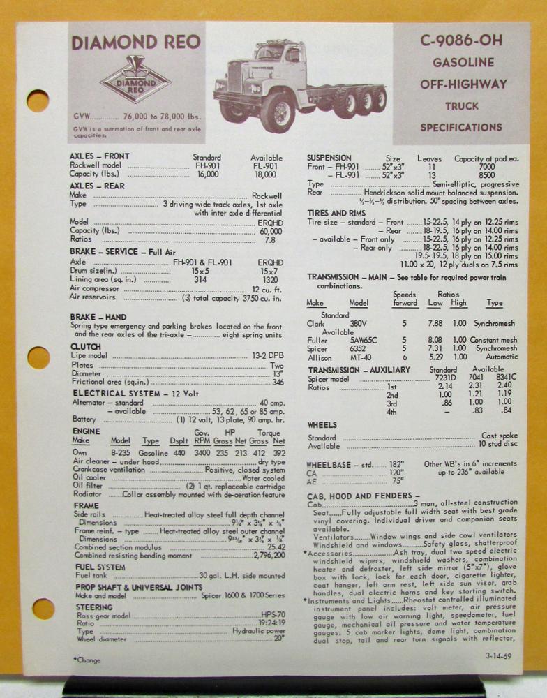1969 Diamond REO Truck Model C 9086 OH Specifications Brochure