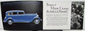 1933 Plymouth Dealer Color Sales Brochure De Luxe Long Wheelbase Sedan Coupe