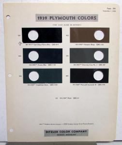 1939 Plymouth Color Paint Chips Leaflet By Ditzler