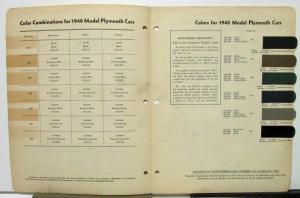 1940 Plymouth Color Paint Chips Leaflet Du Pont Combinations Original