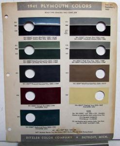 1941 Plymouth Color Paint Chips Leaflet By Ditzler Original